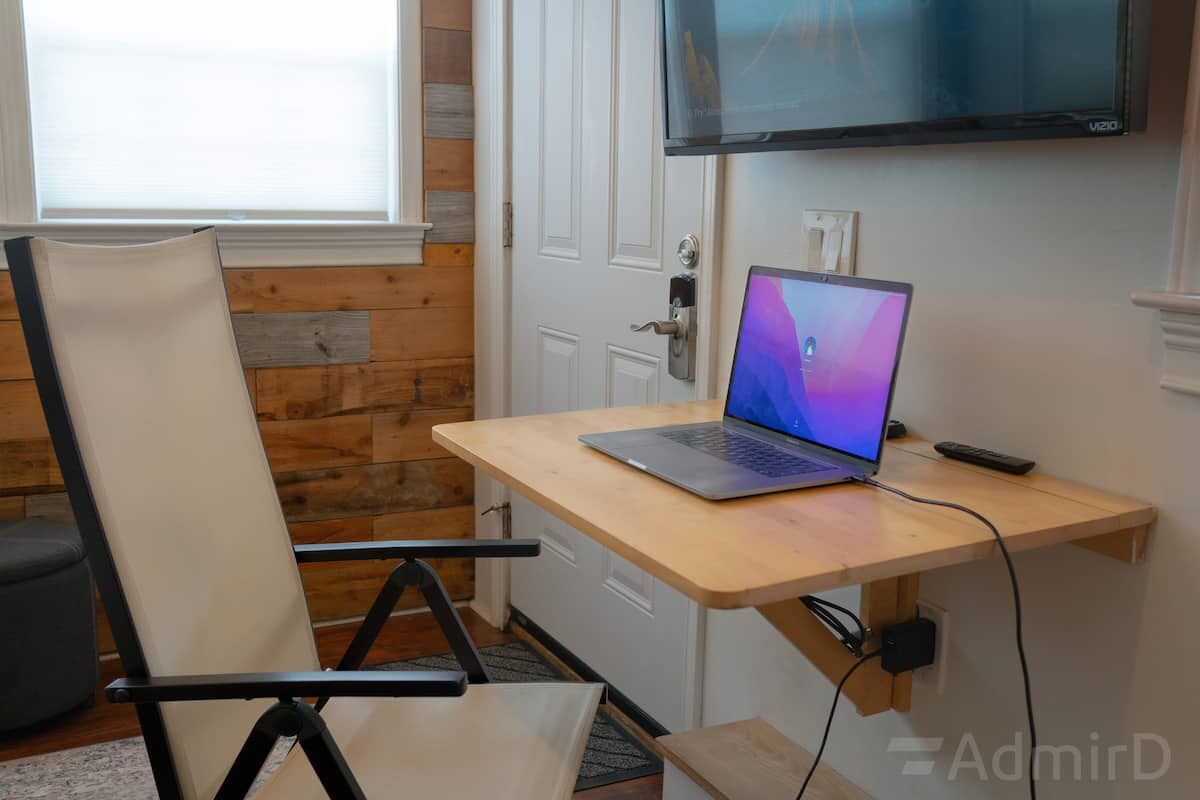 Fold-down desk and chair in the Houston Tiny House