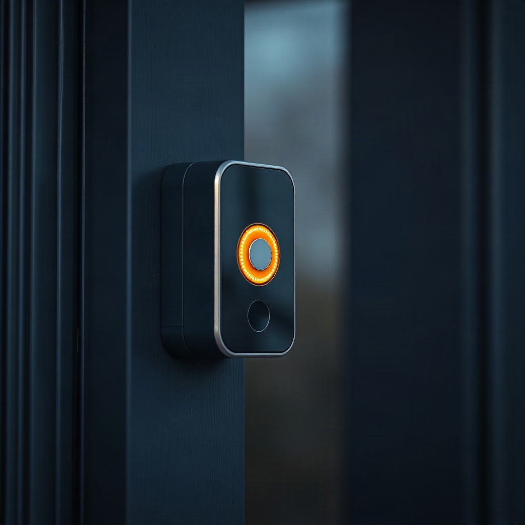 A smart video doorbell with a glowing amber ring on a dark blue front door at dusk