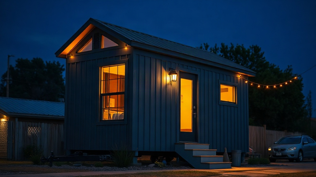 A small modern rental home at night with warm amber windows and a smart lock on the door