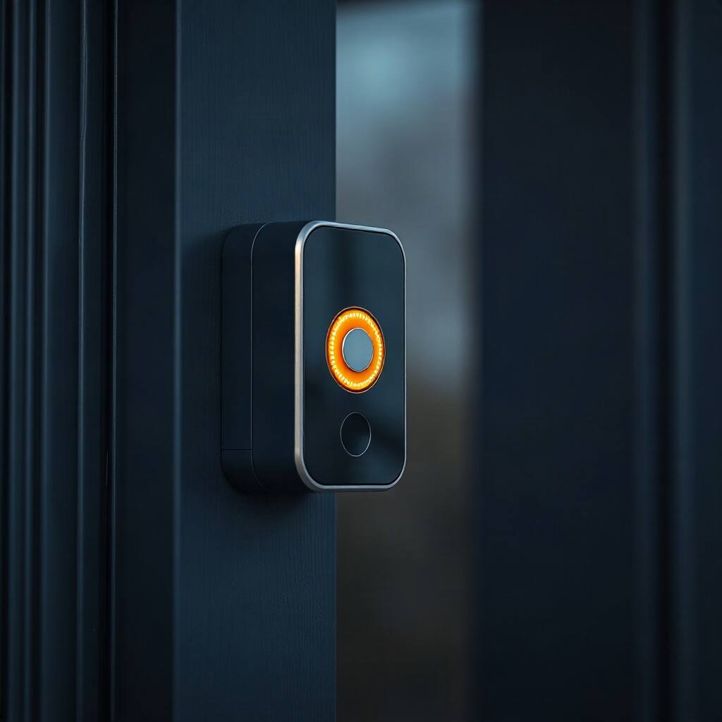A smart video doorbell with a glowing amber ring on a dark blue front door at dusk