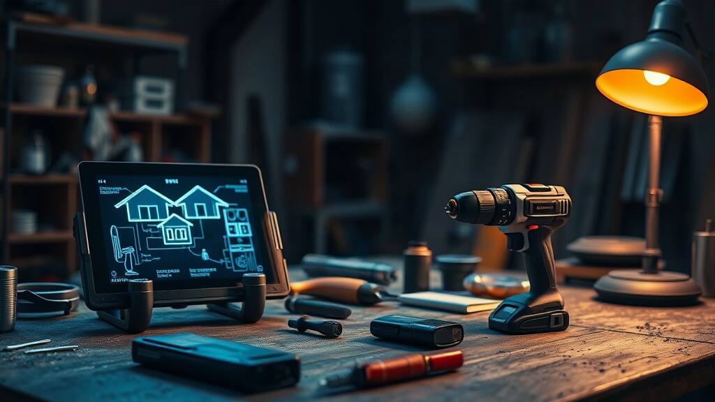 A workbench with a cordless drill, hand tools and a tablet showing a glowing home plan under an amber lamp