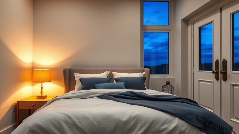 Furnished Airbnb bedroom with a lamp and fresh linens