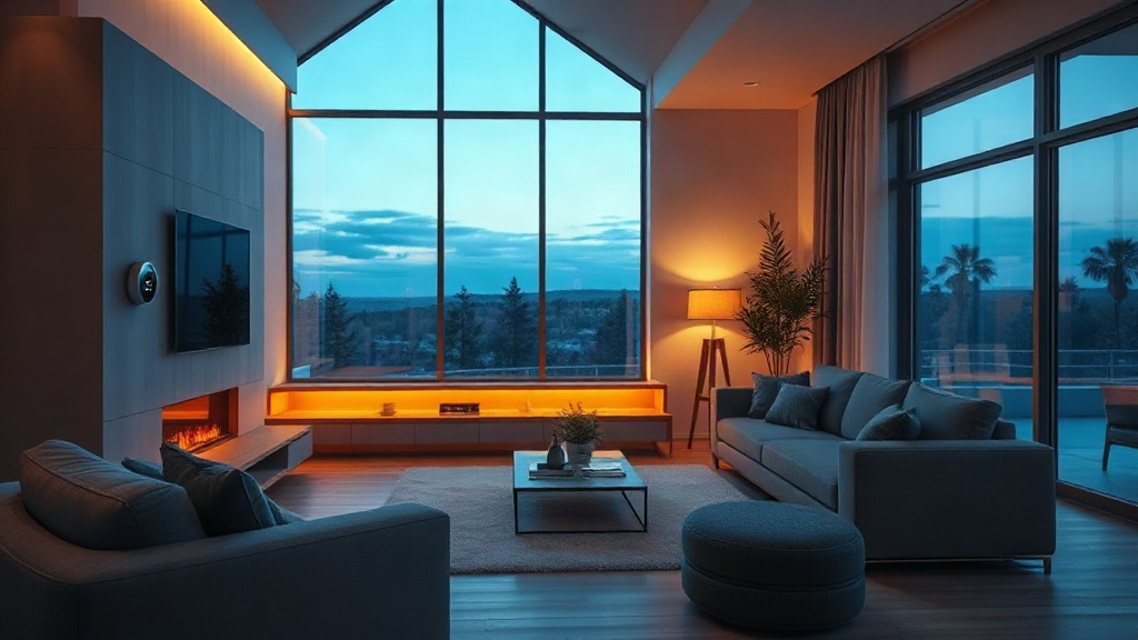 Living room with a smart thermostat and warm smart lighting at dusk